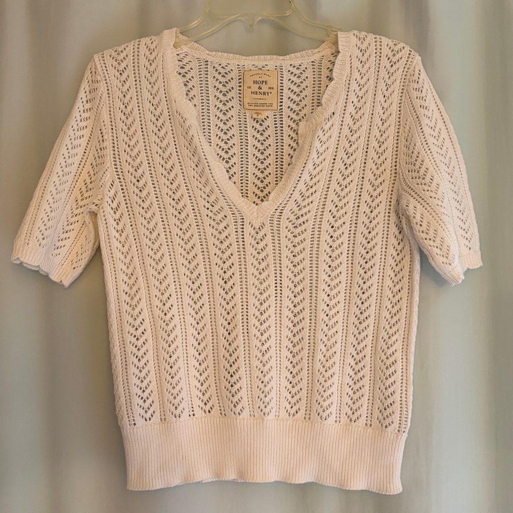 Hope & Henry Women’s White Open-Knit V-Neck Short Sleeve Cottagecore Sweater, s